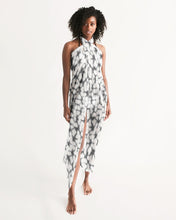 Load image into Gallery viewer, Model wearing white and gray scarf as an ankle length dress