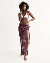 Load image into Gallery viewer, Model with purple spotted scarf intricately wrapped around waist as a long ankle length skirt.