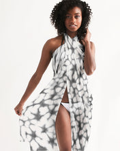 Load image into Gallery viewer, model wrapped white and gray scarf around her body as a dress