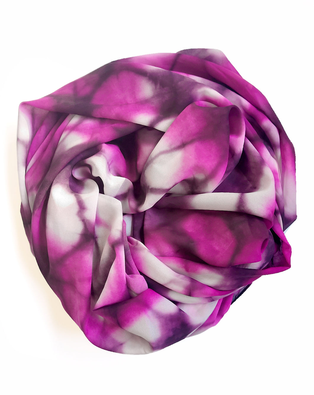 Bundled fuchsia, purple, and white scarf.